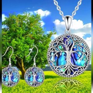 ABALONE TREE OF LIFE PENDANT & EARRINGS 20 IN CHAIN
